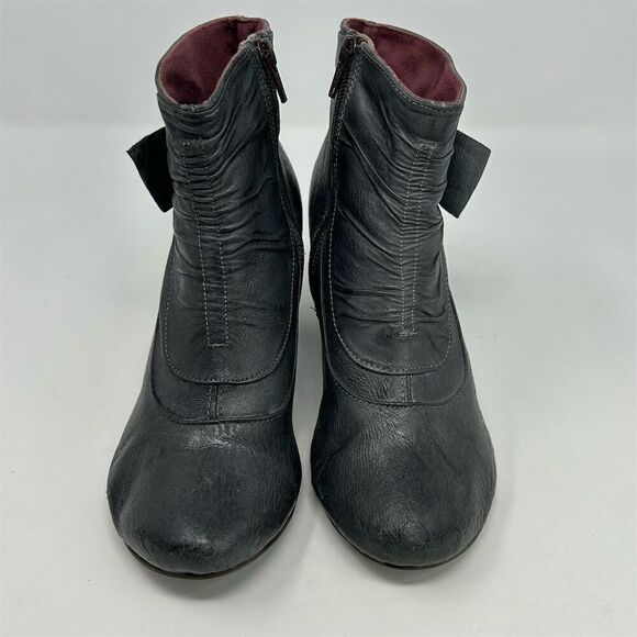 Women's Blue Gray Leather Heeled Ankle Boots Size 38 Bow Detail Ruched - Picture 4 of 14